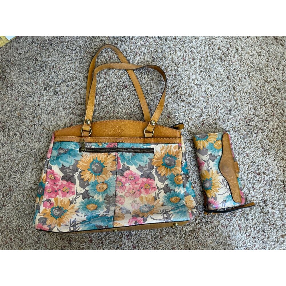 Patricia Nash Floral Leather Tote Bag Wallet Set Multicolor First Bloom Zip